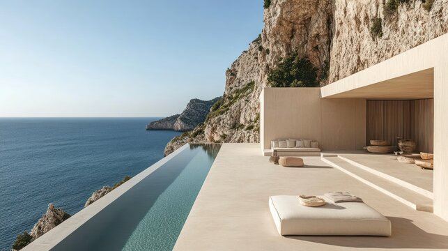Modern minimalist house with infinity pool overlooking the ocean and cliffs.