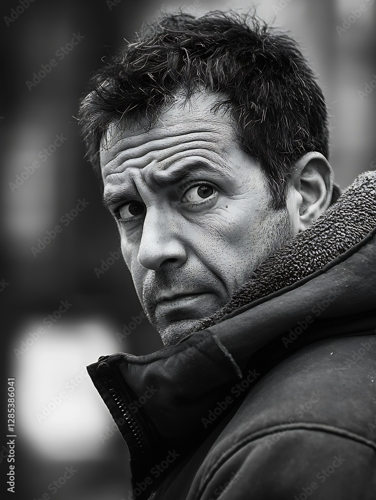 Poster Intense Portrait of a Man with a Serious Expression in Black and White Photography : Generative AI