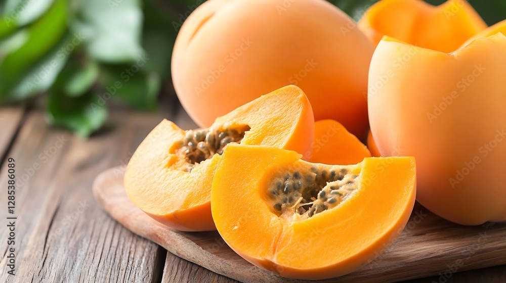 Poster fresh and ripe papaya halves ready to be enjoyed on a rustic wooden table : generative ai