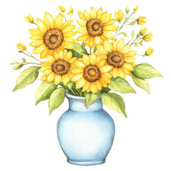 A vibrant bouquet of sunflowers in a blue vase, showcasing yellow petals and green leaves, ideal for brightening up any space.