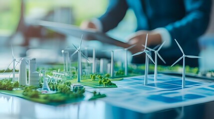 Detailed model of a renewable energy project with wind turbines and solar panels, showcasing a sustainable future