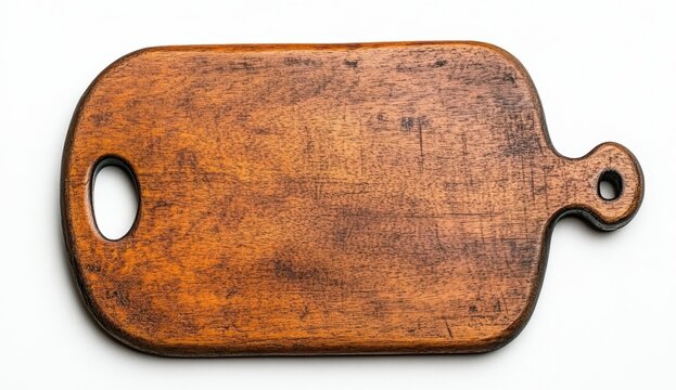 Dark brown wooden cutting board with oval handles, photographed on a white background. Rustic, textured surface ideal for food photography