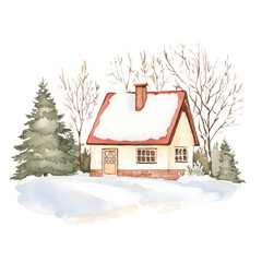 Charming winter cottage surrounded by snow-covered trees, creating a cozy and tranquil atmosphere. Perfect for seasonal designs and illustrations.
