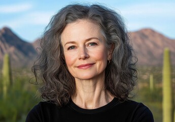 Fototapeta premium Portrait of a middle aged woman with gray curly hair, wearing a black top, against a desert landscape backdrop of mountains and cacti. Natural
