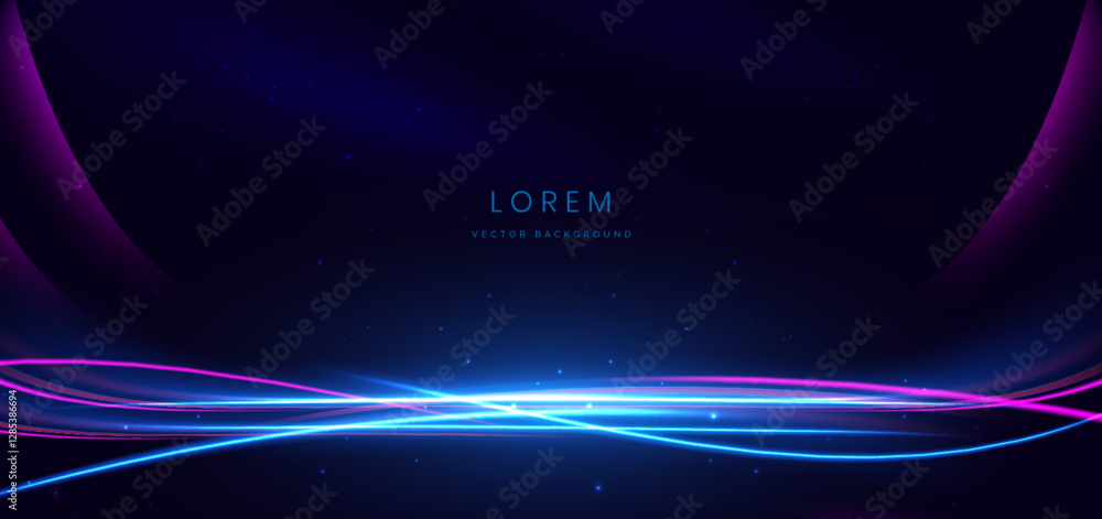 Poster abstract blue and pink glowing ray curved on dark background with copy space for tex. technology com