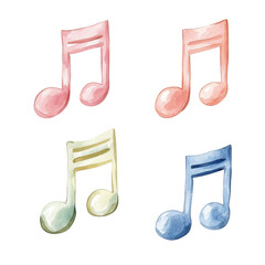 Colorful watercolor music notes on a transparent background, perfect for creative designs, music-themed projects, and educational materials.
