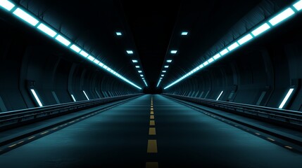 Futuristic tunnel with illuminated lines, empty road, and dark background creating a sci-fi atmosphere