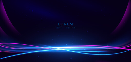 Abstract blue and pink glowing ray curved on dark background with copy space for tex. Technology communication concept.