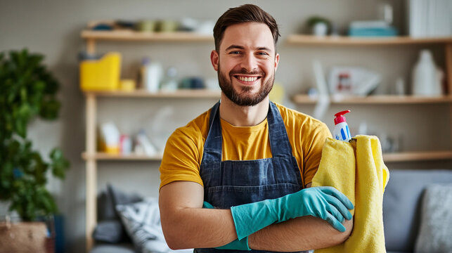 Happy smiling cleaner man wearing apron holding cleaning supplies job blue home work green house