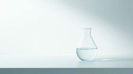 Lipid research emphasizing a solitary glass beaker with a pale blue liquid on a spotless white counter. Featuring clarity and focus
