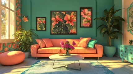 Bright and Inviting Living Room With Coral Sofa, Tropical Decor, and Natural Light Streaming Through Large Windows During the Afternoon