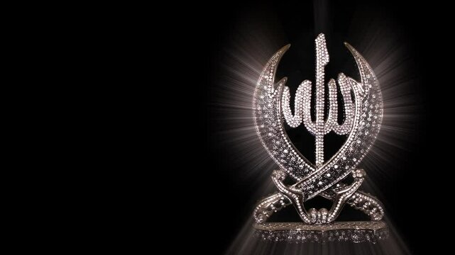 Allah script and Hazrat Ali swords covered with diamond stones and light rays