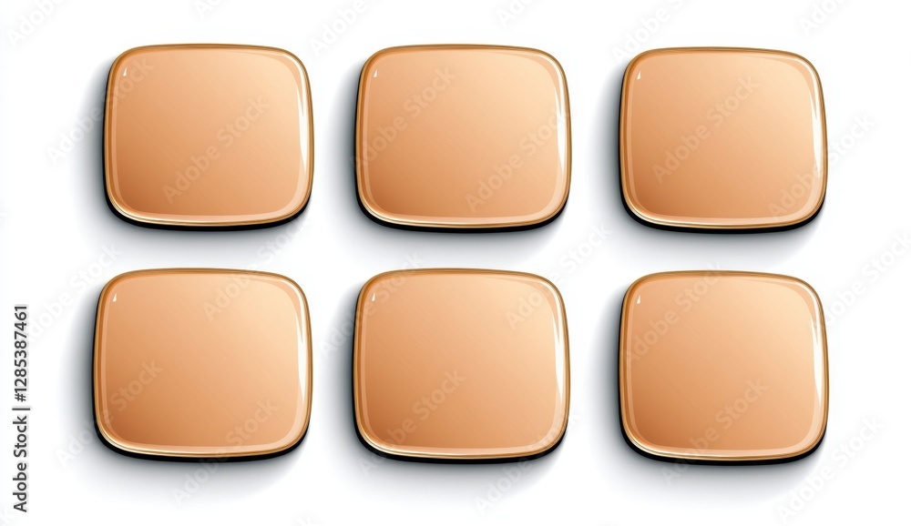 Poster six light brown square buttons with a golden border arranged in two rows, isolated on a white backgr