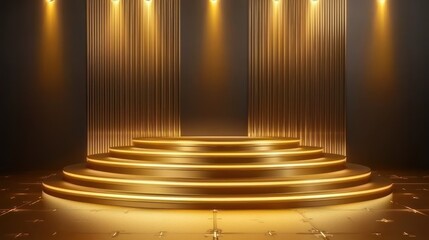 Fototapeta premium Golden Stage with Lights: Elegant Award Ceremony Podium