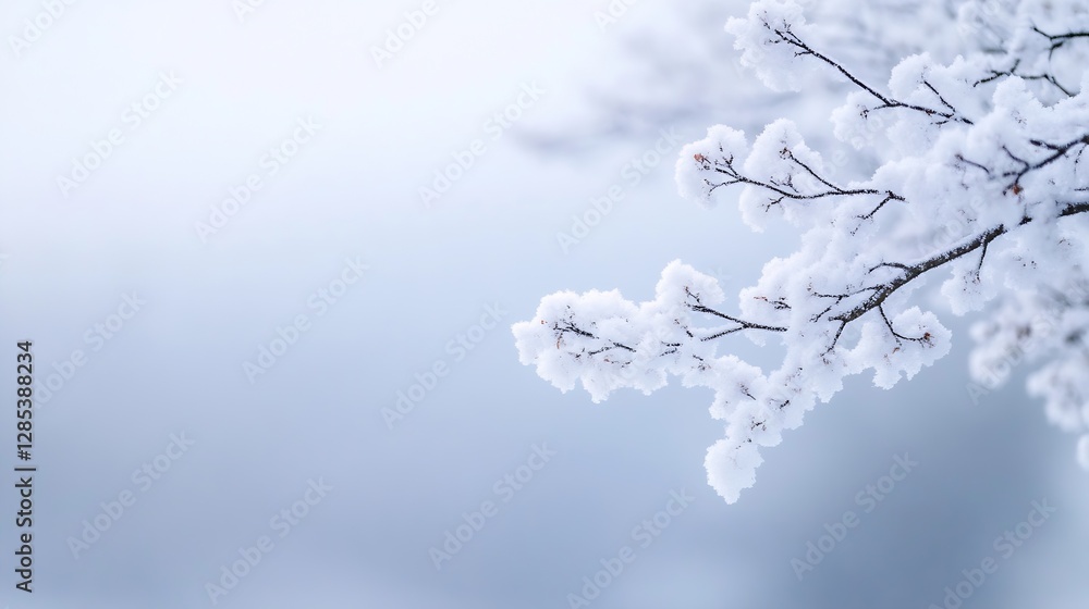 Poster Serene Wintery Scene with Snow Covered Branches Against a Soft Background : Generative AI