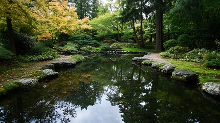 Obraz premium Beautiful serene pond surrounded by vibrant autumn trees and lush greenery in a tranquil garden setting : Generative AI