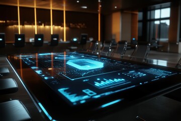 Graphics tablet illuminates modern conference room with digital displays for collaborative work, A graphics tablet rises above the table, displaying information