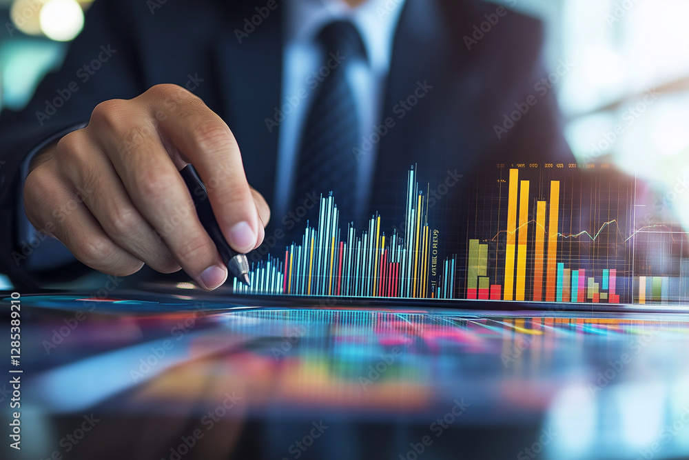 Poster man is drawing a graph on a table with a pen. the graph is colorful and has many lines. the man is w