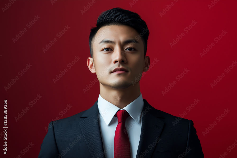 Poster man in a suit and tie stands in front of a red background. he has a serious expression on his face