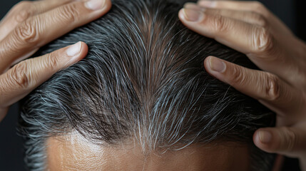 Fototapeta premium A woman combing her long brown hair in a salon, showcasing beauty and style with a focus on her face and hands