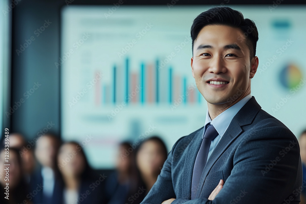 Poster man in a suit and tie is smiling and posing for a picture in front of a large projection screen