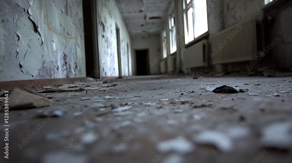 Poster abandoned hallway with crumbling walls and debris creating eerie atmosphere : generative ai