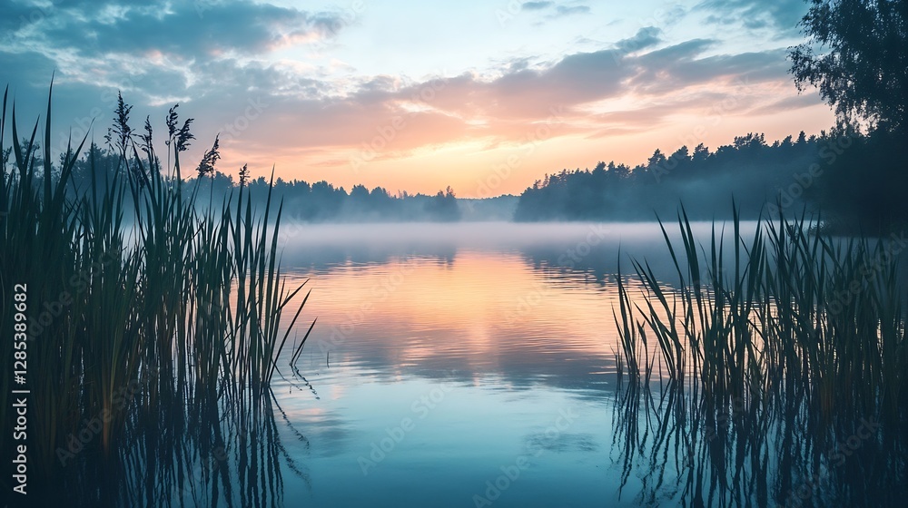 Poster serene sunset over calm lake surrounded by misty trees reflecting soft colors : generative ai
