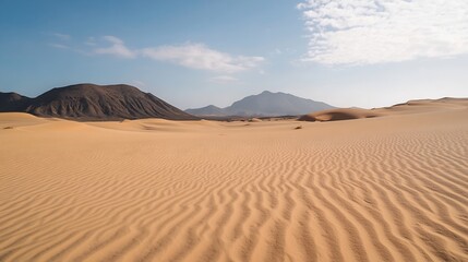 Vast desert landscape showcasing golden sand dunes under a clear blue sky : Generative AI