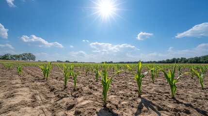 Cornfield sprouts under sunny sky