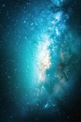 Fototapeta premium Stunning night sky view of the Milky Way galaxy, showcasing a vibrant blend of teal, blue, and white hues. The image features a detailed depiction of