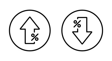 Up and down arrow percent outline icon on circle line. Lower and higher price sign symbol