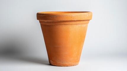 Terracotta planter pot on white background. Light brown, textured surface. Simple, elegant design. Empty, ready for plants. Studio shot. Home decor