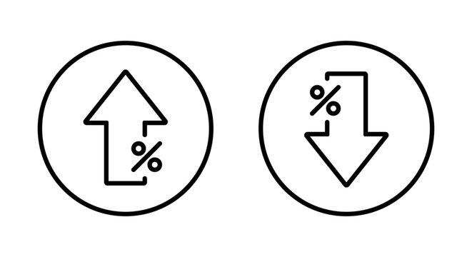 Up and down arrow percent outline icon on circle line. Lower and higher price sign symbol
