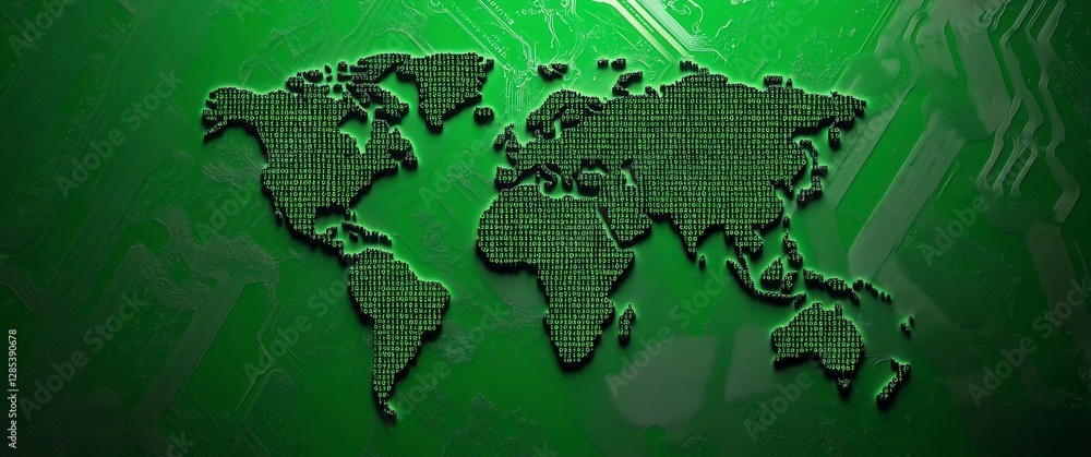 Poster green textured background features a three dimensional world map. the map is dark with bright green 