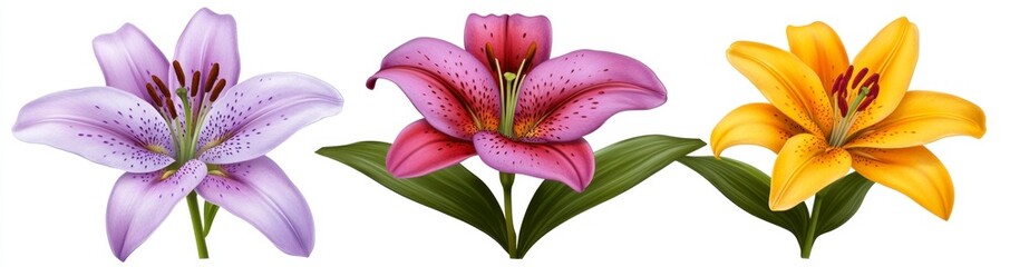 Three lilies in purple, pink, and yellow, with detailed petals and stamens, isolated on a white background. The image showcases vibrant colors and