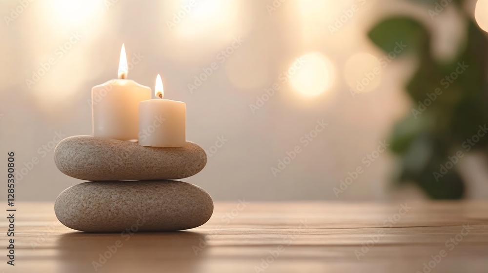 Aufkleber Tranquil arrangement of burning candles on smooth stones creating a serene ambiance for relaxation and mindfulness : Generative AI