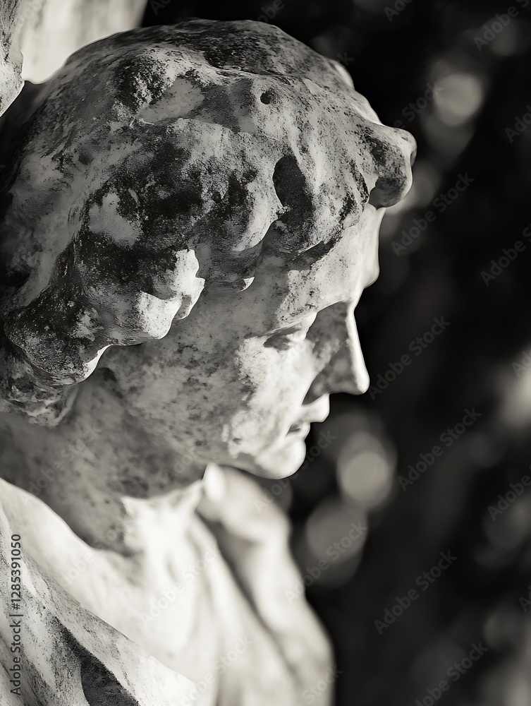 Poster Detail of an Ancient Stone Statue with Weathered Features and Soft Light : Generative AI