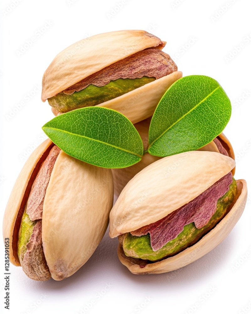 Poster close up shot of three pistachios with their shells slightly open, revealing the green kernels. two 