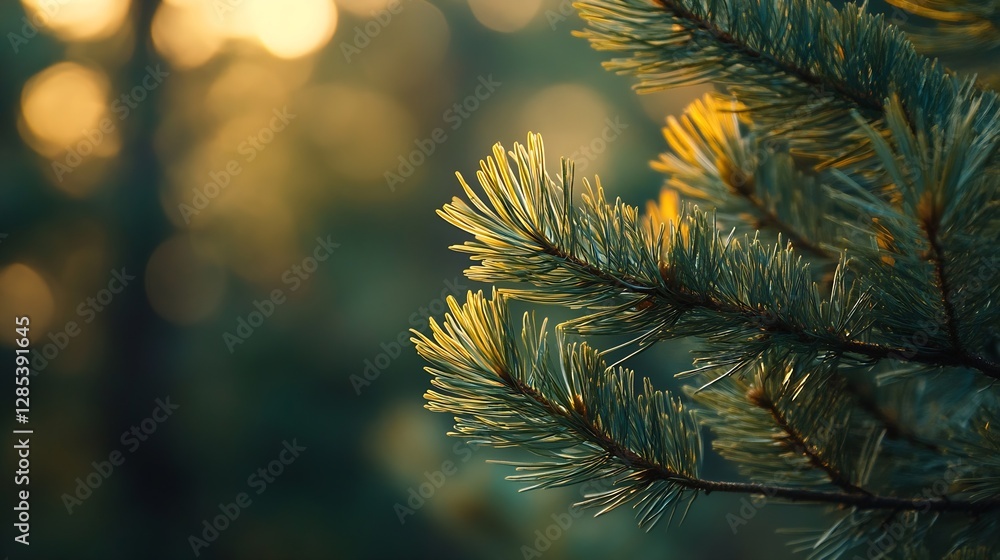 Fototapete close up of evergreen pine branches with soft sunlight bokeh background in nature : generative ai
