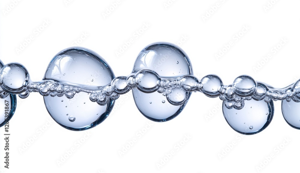 Poster close up view of several large and small translucent bubbles floating in a line on a water surface a