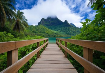 Fototapeta premium Wooden bridge leading to a tranquil lagoon nestled amongst lush tropical greenery and majestic mountains under a vibrant blue sky. A serene and