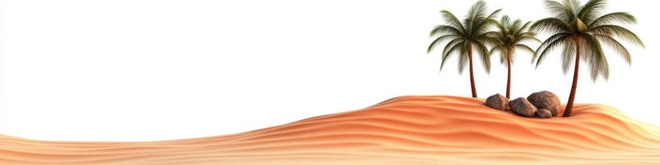 Two palm trees stand on a small dune against a white background. The sand is light brown and textured. The scene is minimalist and serene