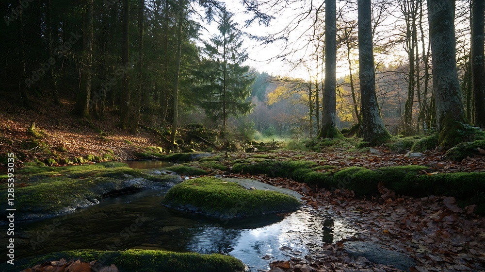Poster autumnal forest scene with stream and sunlight filtering through trees highlighting nature's beauty 