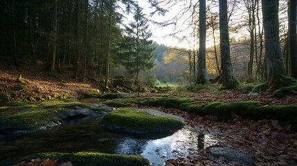 Autumnal Forest Scene with Stream and Sunlight Filtering Through Trees Highlighting Nature's Beauty : Generative AI