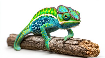 Obraz premium Vibrant green and blue chameleon perched on a gray branch against a stark white background. Detailed textures and vivid colors are prominent