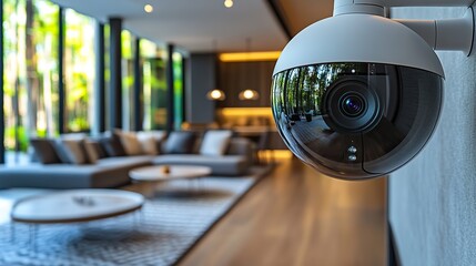 A smart security camera with AI technology is in a modern living room, showcasing advanced surveillance features and a sleek design The atmosphere is high-tech and secure