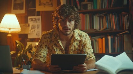 Young man sits at desk in dimly lit room, using tablet, surrounded by books and papers.