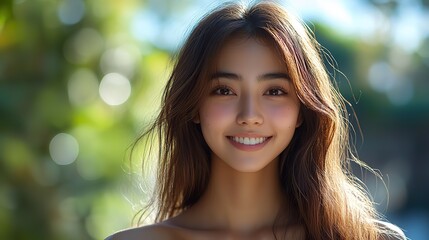 Fototapeta premium A smiling Asian woman with long hair enjoys a sunny day outdoors, radiating happiness and warmth Her gentle expression captures a moment of joy and tranquility