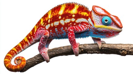 Obraz premium Vibrant red, orange, and blue chameleon perched on a dark brown branch against a white background. Detailed textures and vivid colors are showcased