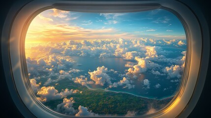 Fototapeta premium Beautiful Sunrise Viewed From an Airplane Window Over Fluffy Clouds at Dawn, Showcasing a Vibrant Sky Filled With Warm Colors and Soft Textures